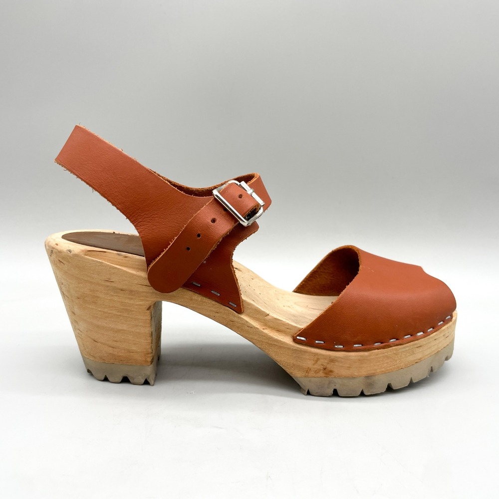 MIA Womens 37 Swedish Wooden Clogs Platform Sandals Brown Leather Boho Cottage